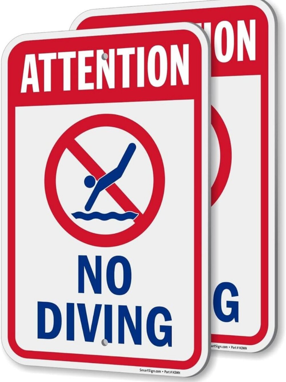 Attention No Diving Pool Signs - 2 Pack, 18x12 Inch Aluminum, Pre-Drilled, USA